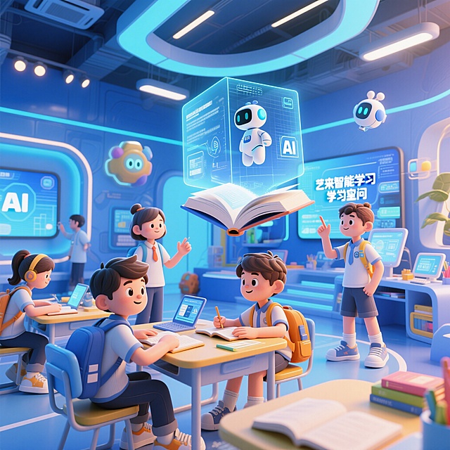 以学生为中心的未来学习样态，蓝色为主色调，科技感明亮3D卡通风格，学生在沉浸式智能学习空间中互动学习，搭配悬浮的全息课本、智能交互屏、AI学习助手元素，氛围轻松充满活力