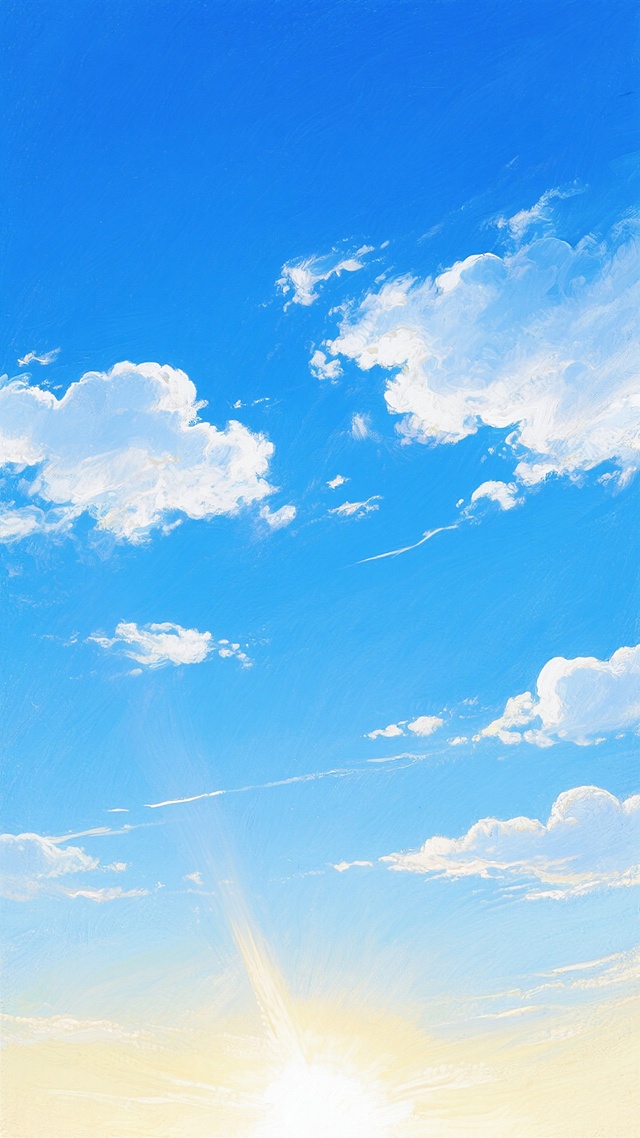 油画风格，纯净明亮的蓝色天空，从顶部深邃的钴蓝色渐变为底部柔和的天蓝色，点缀着几缕形态自然、边缘柔和的白色积云，云层分布稀疏，主要集中在画面中上部和底部边缘，阳光从画面底部向上照射，赋予天空底部一层温暖的淡黄色光晕，整体画面呈现出宁静、开阔、通透的氛围，油画笔触细腻柔和，色彩过渡自然，具有油画特有的厚重质感和色彩层次。