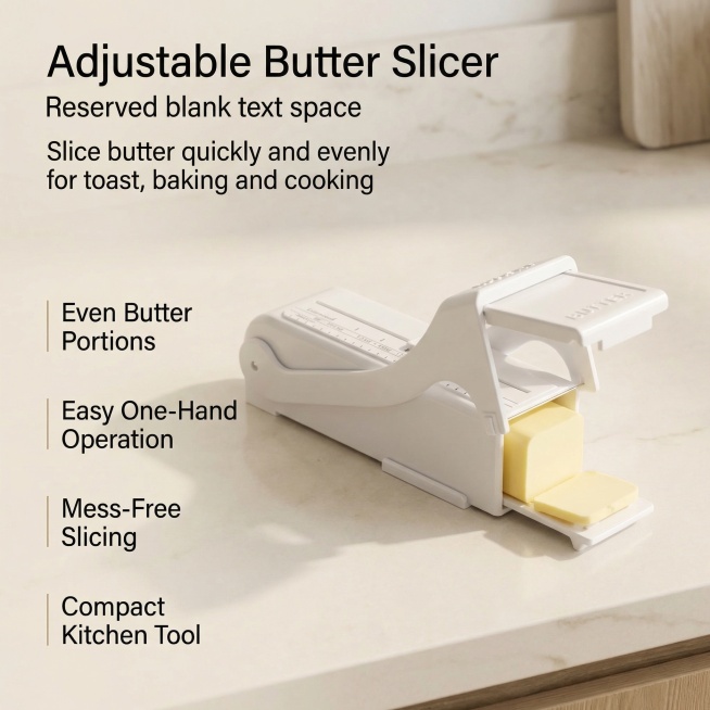 8K premium Amazon secondary image style, white adjustable butter slicer displayed diagonally on a li预览效果