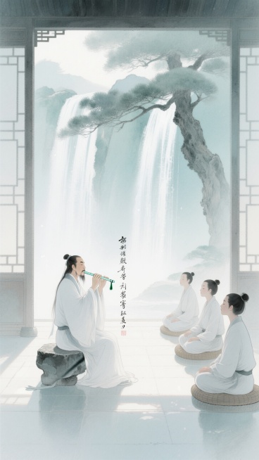 中式淡彩插画，以白色和淡青色为主色调，仙气缭绕的书院中，一位白衣飘飘的老师正坐在石凳上，手持玉笛，笛声化作文字传授给学生。学生们盘腿坐在蒲团上，闭目聆听，背景是飞流直下的瀑布和古老的松树，营造出仙气十预览效果