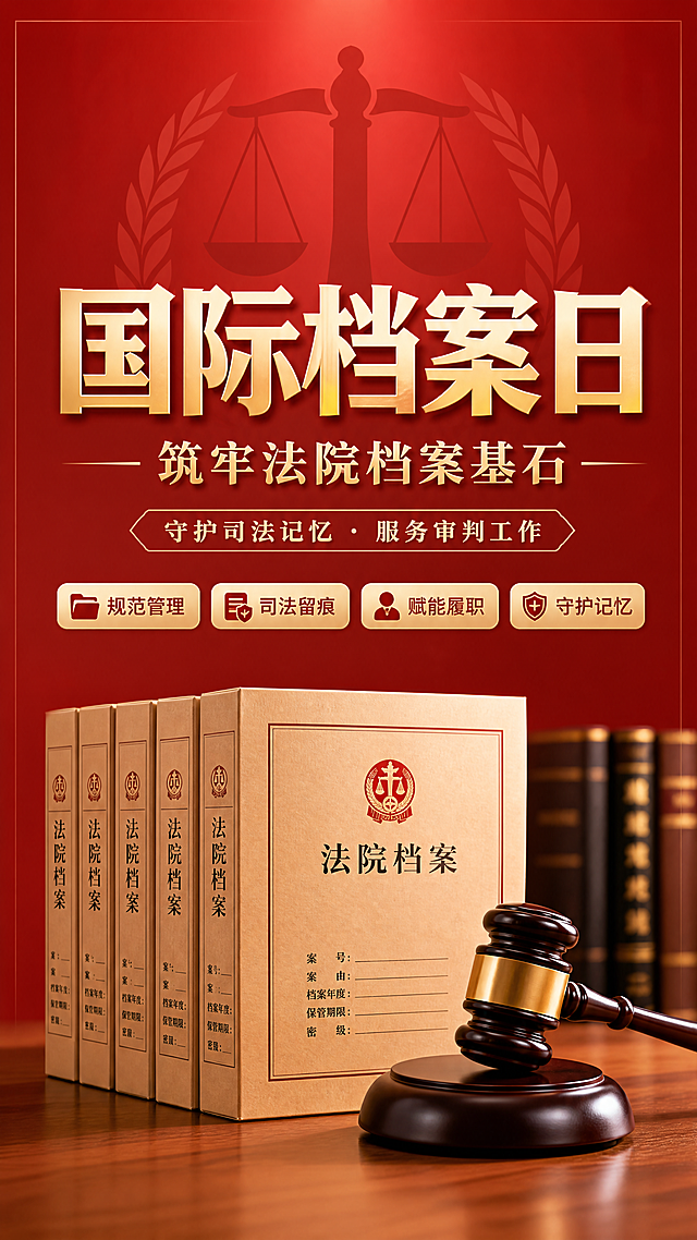 庄重严肃正式的法院国际档案日海报，红色法治风格，写实商业摄影。主标题为"国际档案日"，副标题为"筑牢法院档案基石"，装饰文字为"守护司法记忆 · 服务审判工作"，四个卖点标签：规范管理、司法留痕、赋能履职、守护记忆。画面整体居中排版，层级清晰，背景采用渐变红色法锤元素，整体大气庄重，排版精美，四边保留安全边距，文字清晰可读不遮挡主体，画质超高清4K，不含无关元素。