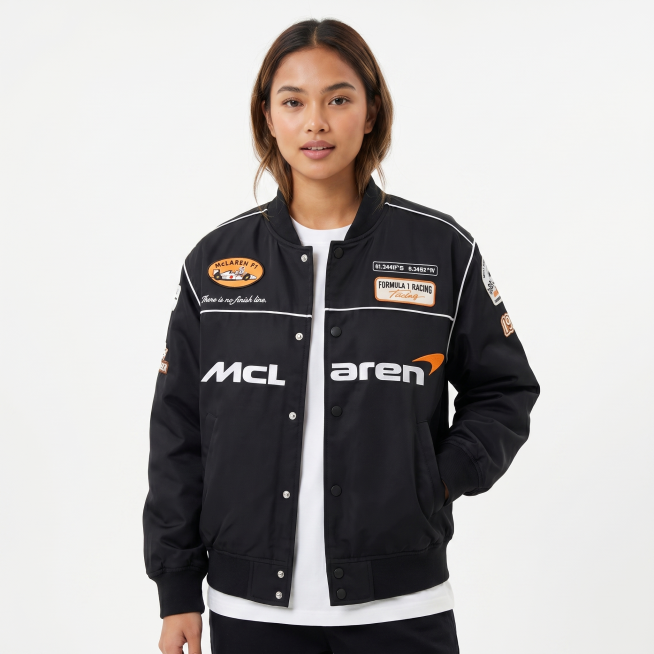 [主图7] 同一位菲律宾年轻女性模特穿着黑色McLaren刺绣赛车夹克摆拍，纽扣全部解开拉开。保持夹克的外观（物理结构、材质质感、颜色、刺绣细节和所有标志）与输入产品图绝对一致，杜绝任何变形和色差，精预览效果