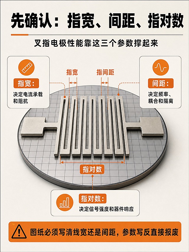 3:4竖版小红书笔记设计稿，统一视觉系统的半导体工程师笔记风格，浅米白与暖灰哑光底色，画面干净克制，科技报告感，写实3D晶圆与金属叉指电极元素，无赛博霓虹，无炫光，无水印，分辨率高，边缘清晰，平面设计稿。顶部大标题文字为“先确认：指宽、间距、指对数”，副标题文字为“叉指电极性能靠这三个参数撑起来”。画面主体为叉指电极结构示意，清晰标注指宽、指间距、指对数三个位置。左侧信息卡文字为“指宽：决定电流承载和阻抗”，右侧信息卡文字为“间距：决定频率、耦合和隔离”，下方信息卡文字为“指对数：决定信号强度和器件响应”。底部橙色提示条文字为“图纸必须写清线宽还是间距，参数写反直接报废”。粗黑体中文标题，黑色主文字，橙色强调标签，信息卡片清晰分区。所有文字直接生成在图中，不出现占位符，字体清晰可读。