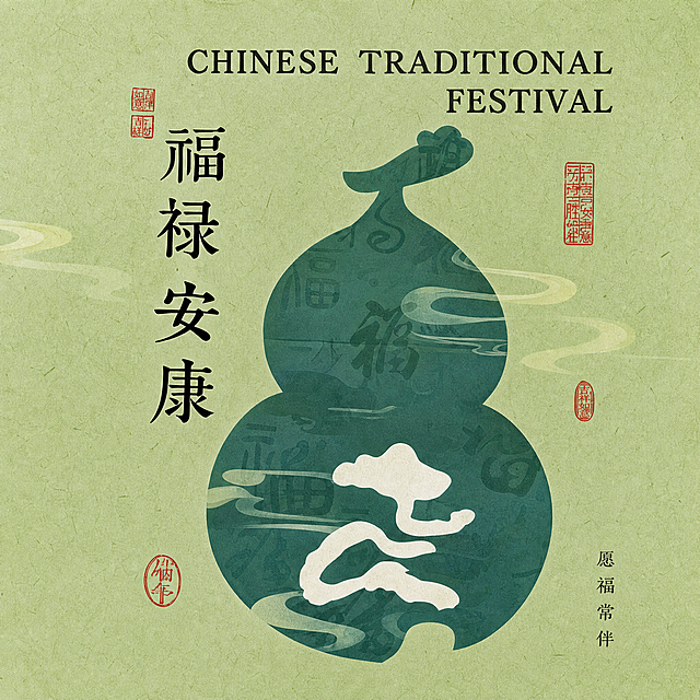 提取设计，生成一张21*21厘米正方形的海报，背景是绿色底纹，主体是绿色葫芦图案，保留文字内容：CHINESE TRADITIONAL FESTIVAL、福禄安康，红色印章，风格是新中式国风，保持原设计风格不变，高清
