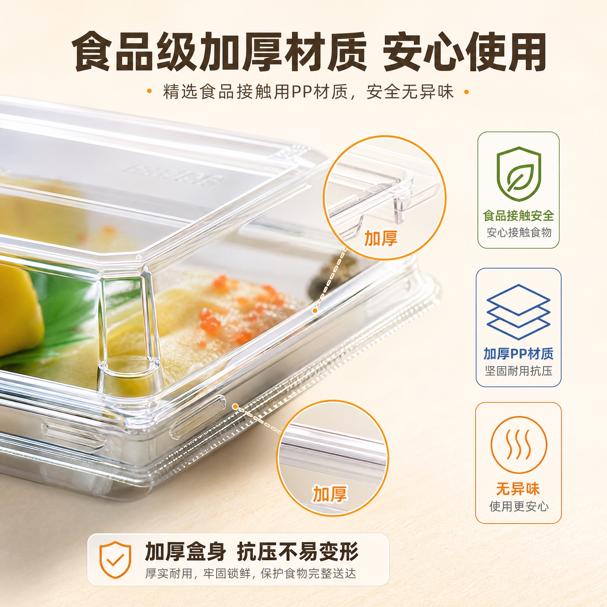 [主图-3] 小号寿司外卖盒材质细节图，展示食品级材质与加厚工… - 图片创意预览