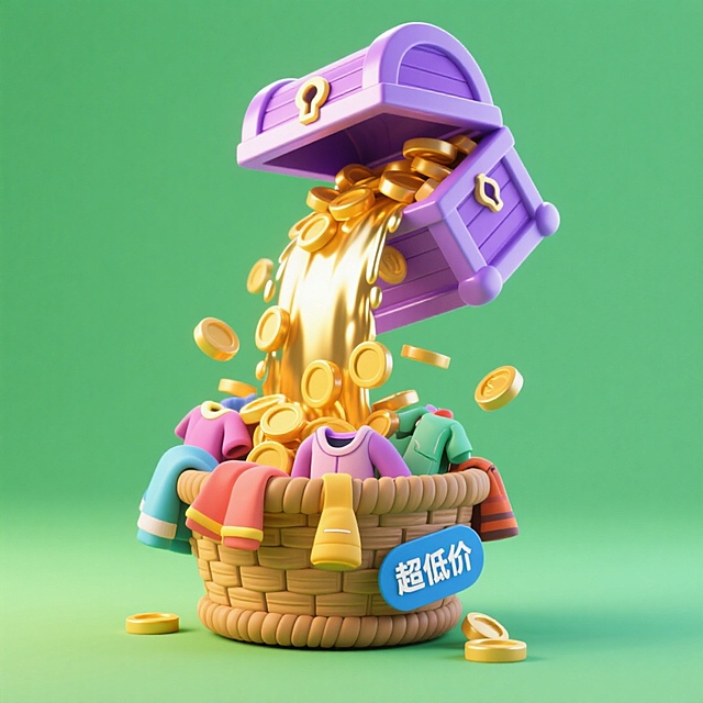 软3D粘土风，卡通可爱造型，宝箱倾泻金币入装满衣物的篮子，强化促销感与体积感，传递超低价节日优惠氛围。