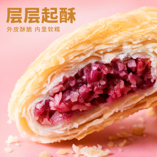 [主图-3] 云南鲜花饼酥皮层次特写，突出层层起酥工艺卖点。
[氛围风格] 微距特写，突出酥香质感；
[画质] 商业摄影质感、光线柔和通透、产品清晰真实、画面干净高级。
[元素] 放大特写鲜花饼酥皮的预览效果