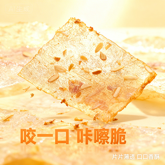 [垫图]https://gdesign-dam-hz.dancf.com/35942229485668467/2cb8af663e1f4f72bbf05fbe67884e78.png
[主图主题] 猪肉纸细节微观展示图
[氛围/风格] 食欲感微距风格，暖光通透，凸显酥脆质感
[画面元素] 猪肉纸微距特写居中，清晰展示表面的杏仁碎颗粒、薄透的肉质纹理，边缘有细小的酥脆碎屑，背景是柔和的浅黄渐变，暖逆光打在猪肉纸上呈现半通透效果，背景铺满全屏无边框
[配色色系] 主色调：猪肉纸暖金黄；辅助色：浅黄背景，白色高光
[视角构图] 微距平视角度，主体占比70%，浅景深突出纹理细节
[文字版式] 下方主标题“咬一口 咔嚓脆”，无衬线粗体暖橙色；右下角小字“片片薄透 口口香酥”，白色无衬线字体，字号为主标题的40%；文字悬浮在背景底部负空间，不遮挡产品细节
[比例分辨率] 1:1 比例，2k 分辨率