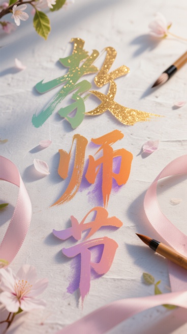 以 “教师节” 三个字为核心设计字体，风格为洒脱且富有韵味的创意手写体，笔画粗细变化自然，像是用毛笔饱蘸颜料书写而成。“教” 字的左边部分用淡绿色渲染，仿佛是生机盎然的枝叶，右边用暖橙色填充，寓意着知预览效果