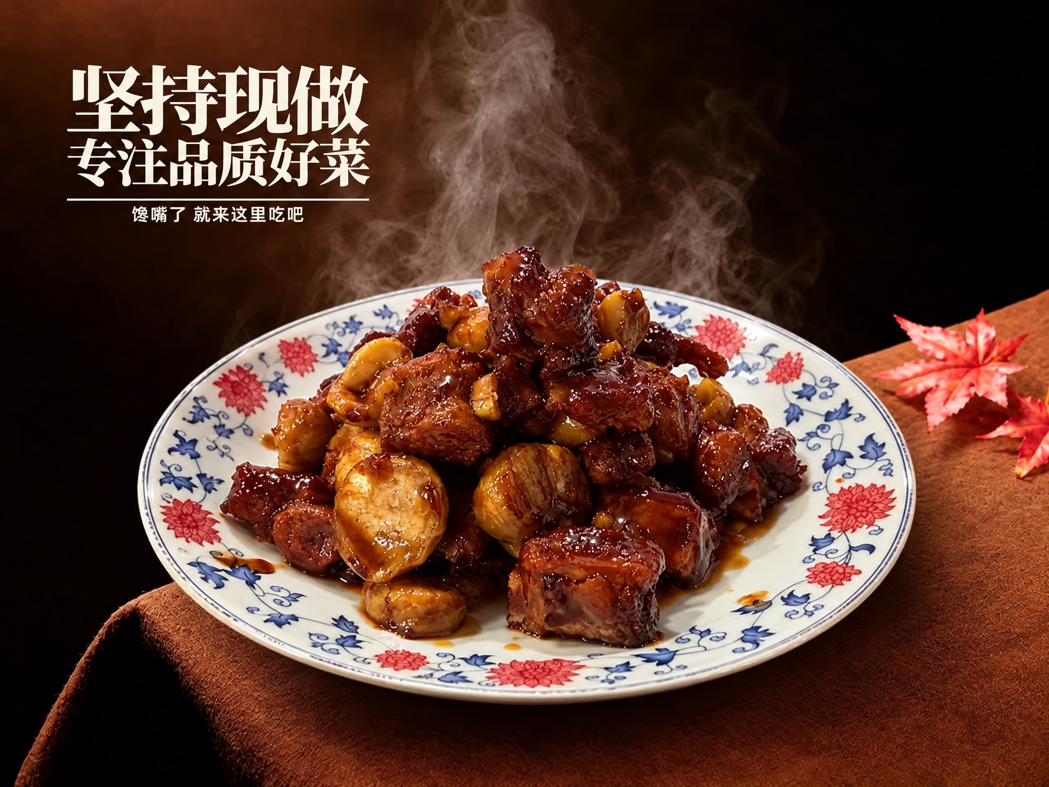 将第一张图中的菜品和盘子整体替换为第二张图中的板栗烧排骨及其青… - 图片创意预览