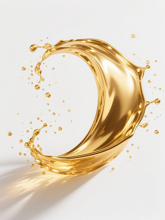 一张具有高度写实摄影风格的图片，主体为一个优美的、呈流畅弧形飞溅的液态黄金，保持与原图中水花相同的动态形态和飞溅轨迹。黄金液体具有高光泽度，表面反射着明亮的光线，呈现出温暖的金黄色调，金属质感强烈。液体飞溅过程中产生大量细小的金色液滴和气泡，悬浮在半空中，细节丰富。整个画面以纯白色为背景，光线从斜上方照射，在黄金液体表面形成明显的高光区域和深邃的阴影，增强立体感和真实质感。构图简洁，主体突出，具有清晰的视觉焦点和动态张力，液体的流动性和凝固瞬间的形态被完美捕捉，达到高度的视觉真实感和细节表现力。