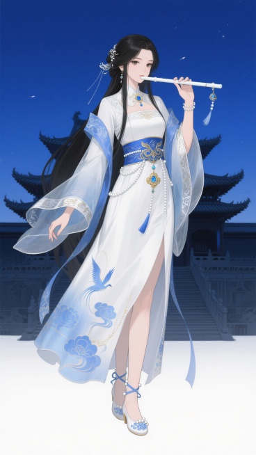 二次元动漫风格立绘，白色背景，黑长直的年轻女子身着月白描金广袖流仙裙，裙摆绣着渐变蓝色云纹暗花，腰间系着湖蓝色鸾鸟纹束腰，垂落珍珠流苏。外罩一层半透明的冰蓝轻纱罩衫，领口袖口滚银边，肩披同色系绣银丝绶预览效果