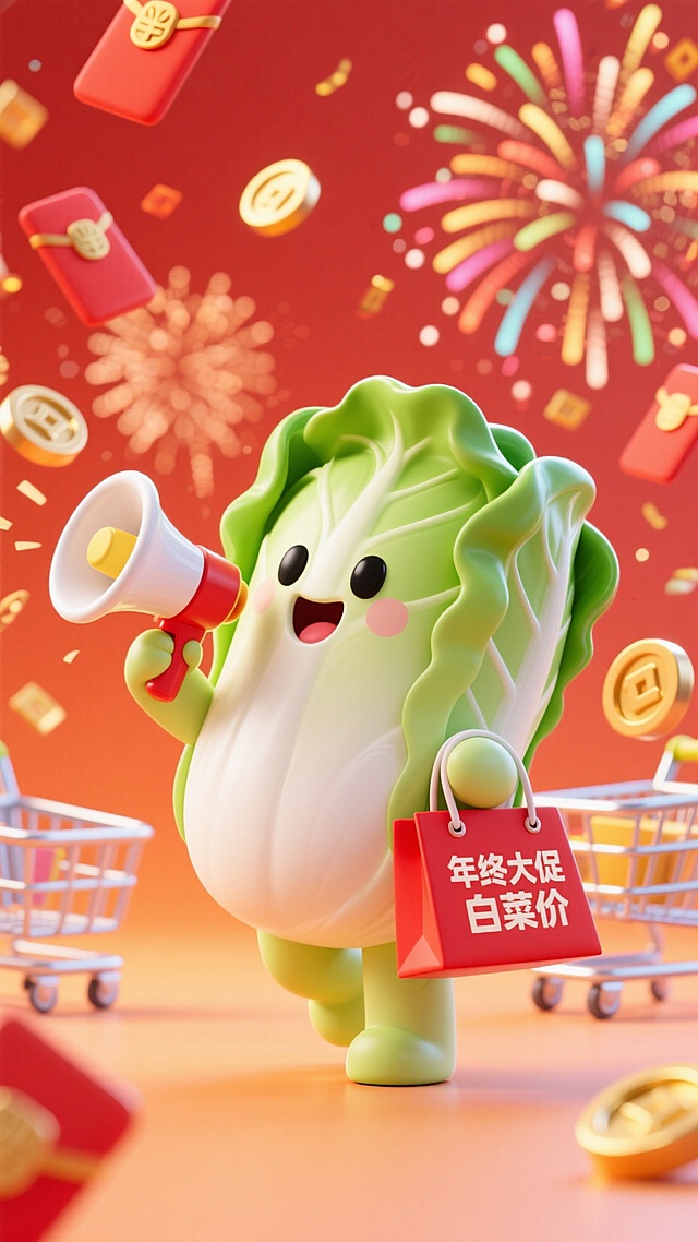 软3D风格拟人白菜，手持喇叭与购物袋，喜庆烟花红包环绕，卡通感十足，传递年终大促的热闹氛围。