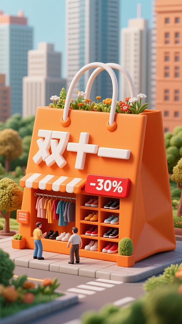 这张海报的主色调为橙色，背景的高楼大厦的城市景观与自然风景相融合。“双十一”以醒目的橙白立体字体展示在海报中间，还有一个醒目的“-30%”红色广告牌在购物袋建筑上。海报的主体是一座巨大购物袋形状的建筑，建筑内有：挂在购物袋里的衣服、鞋柜里的鞋子，服装店的装饰。在建筑顶层布置了花草。高饱和色彩。粘土的质感。