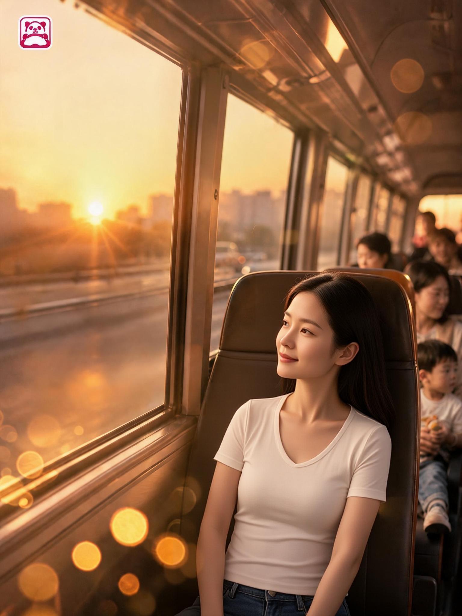 参考图的暖橙落日色调与巴士内氛围，生成一张双节回家主题的意境图… - 图片创意预览