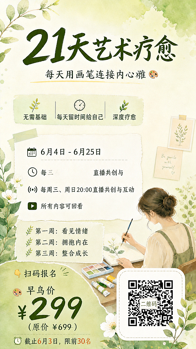 在现有海报中新增三周课程主题内容：添加"第一周：看见情绪 第二周：拥抱内在 第三周：整合成长"，放置在日期和安排信息之后，价格信息之前。微调整体排版，让新增内容自然融入，保持整体清新治愈暖绿色调风格，其他已有正确内容保持不变。
