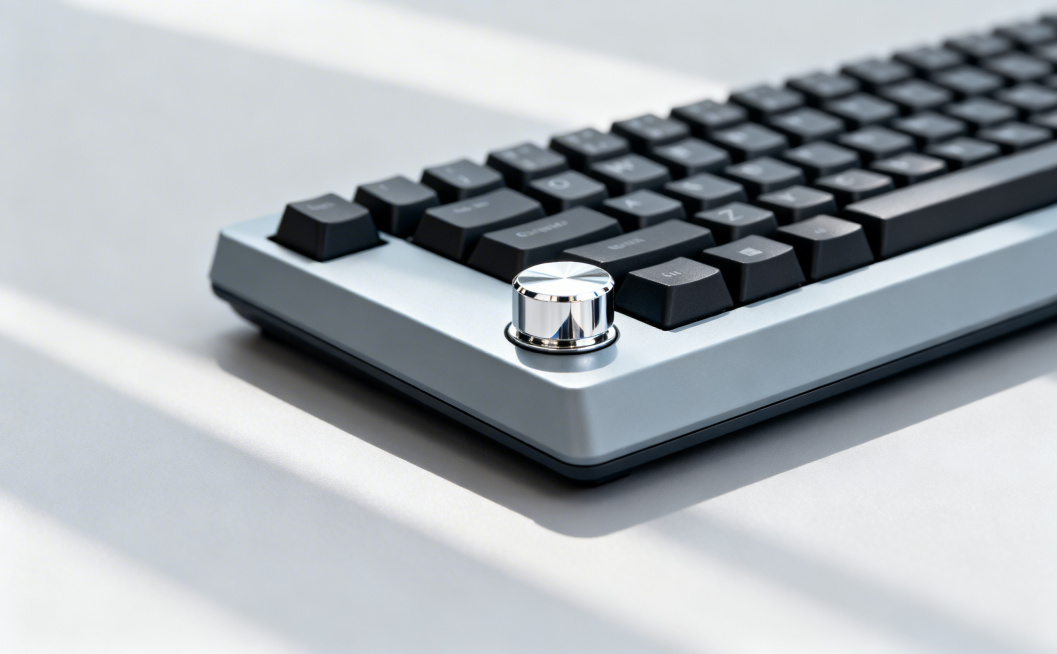 生成干净简约的3C数码产品展示场景，摆放浅灰黑配色带银色旋钮的机械键盘，键盘外观保持原样，整体风格清爽有质感，适合产品宣传预览效果