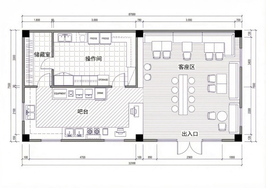 为这张茶饮店CAD平面设计图添加中文注释，标注每个功能分区（吧台、客座区、操作间、出入口）的中文名称，保留原框架和布局不变预览效果