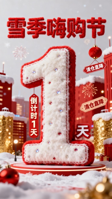 画面中央是红白撞色毛绒的 “倒计时1天”，其中“1”是主体大字，缝着小亮片。促销元素是 “清仓直降”标签、烟花挂件，上方主标题 “雪季嗨购节”（大红毛绒字）。背景是毛绒城市夜景，色彩红白 + 金，热闹预览效果