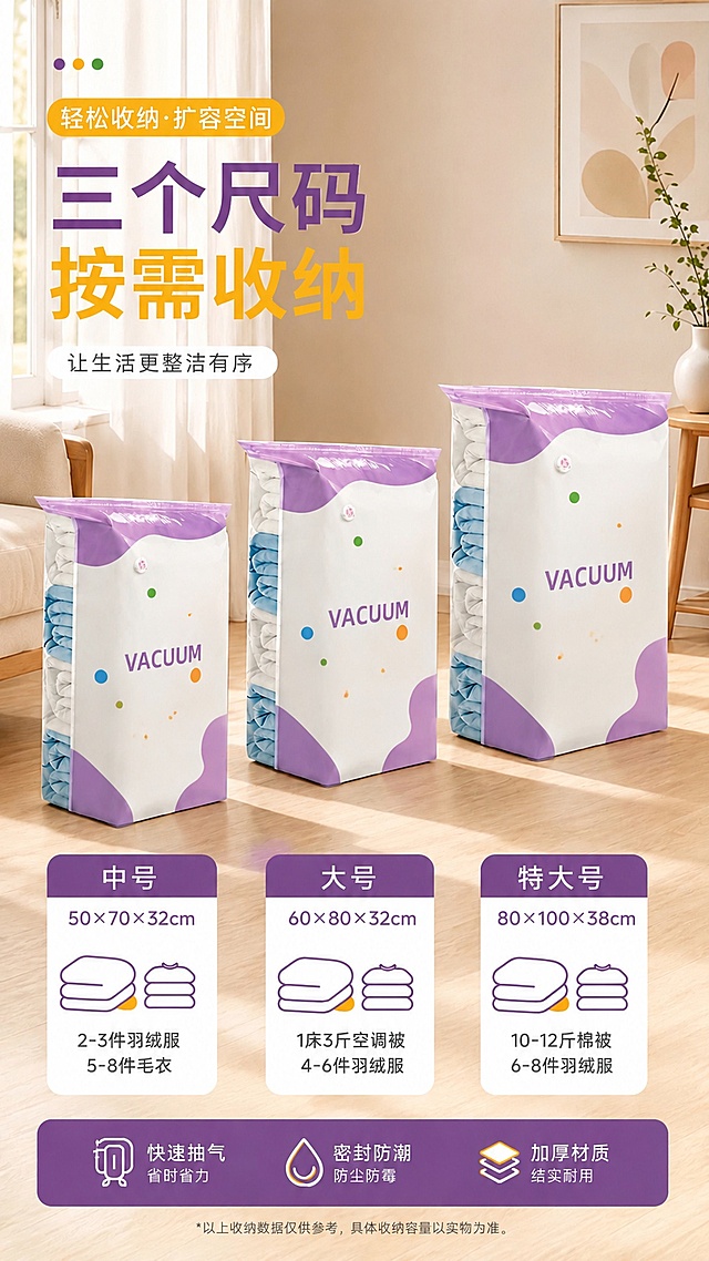 保留原图中衣物压缩袋的整体形状、摆放角度、光影、背景、紫色封边和透视褶皱完全不变，只将袋子正面的图案替换为第二张图中的紫色“VACUUM”文字和右上角橙色圆点图案，让新图案自然贴合袋子的褶皱和透视，看起来就像原本就印在上面一样，保持真实质感。
