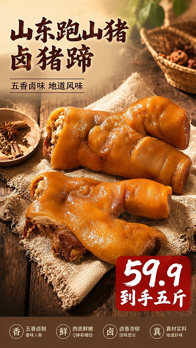 [第1屏] 详情页头图-山东跑山猪五香卤猪蹄食欲宣传海报。本屏使用【图1】作为商品主体。
[氛围/风格] 复古烟火美食风，暖棕木桌背景，真实诱人食欲，商业美食摄影质感。
[元素布局] 卤猪蹄放置在画面中偏右下位置，占屏比约70%；左上角留出标题区域，左侧搭配香料木盘装饰，前景铺放棉麻餐布，猪蹄外形、色泽、纹理与输入产品图保持一致。
[光影质感] 顶部柔光打光，突出猪蹄油润光泽，底部自然投影，明暗层次分明，保留真实食材质感。
[配色色系] 全局底色 #F0E6D6；主色暖棕木质色；辅助色深棕文字、米白布纹。
[视角构图] 45°斜俯视，产品为绝对视觉中心，阅读动线：左上标题 → 中部产品 → 右下角价格信息。
[文字版式] 版式为左上标题 + 右下产品 + 底部信息。主标题「山东跑山猪卤猪蹄」，副标题「五香卤味地道风味」，字体采用适度书法风格，深棕色文字左对齐；右下角标注「59.9到手五斤」，红色块底衬白色文字，文字不遮挡猪蹄主体，保证清晰可读。
[比例分辨率] 9:16竖版比例，4K分辨率，文字清晰可辨，高清画质。
[负向提示词] 猪蹄变形，缺件错件，颜色偏差，水印，文字错乱，产品图模糊，文字过小。