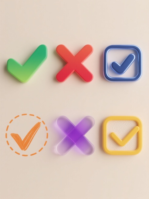 六个不同配色、不同样式、不同材质的「对错」造型图标，浅色背景，上下两行对齐排列。第一行包含三个图标：第一个是绿色的、带有立体感渐变效果的对勾；第二个是红色的、线条硬朗的叉号；第三个是蓝色的、带有金属光泽质感的对勾，外圈有圆角矩形边框。第二行包含三个图标：第一个是橙色的、手绘风格的对勾，外圈有圆形虚线；第二个是紫色的、磨砂玻璃材质的叉号，带有半透明效果；第三个是黄色的、扁平化设计的对勾，线条加粗……预览效果