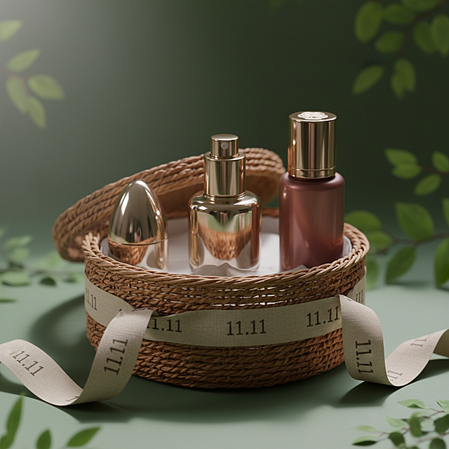 3D风重拟物设计，金属与鎏金质感瓶身置于藤编篮中，搭配清新绿意背景，营造奢华优雅氛围，呼应11.11节日主题。