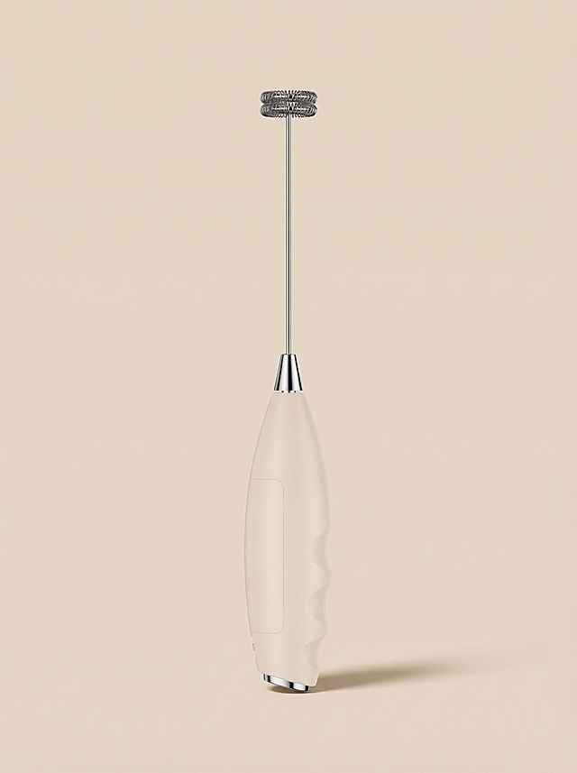 将这个电动搅拌器产品放置在纯净的纯色背景上，产品立在纯色背景上添加真实接触阴影，不要悬空，提升画质，保留产品原有结构和细节，超清画质，智能降噪，细节锐化