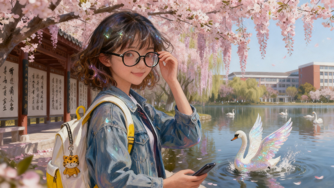 近景，春日自然光，写实质感人像，林晓面对天鹅湖，春风吹动额前碎发，抬手扶眼镜，嘴角扬起微笑，掏出手机发微信，小天鹅在湖边回头望，背景湖面还有其他天鹅，保留林晓原相貌特征，短卷发戴黑框眼镜，穿牛仔外套，预览效果