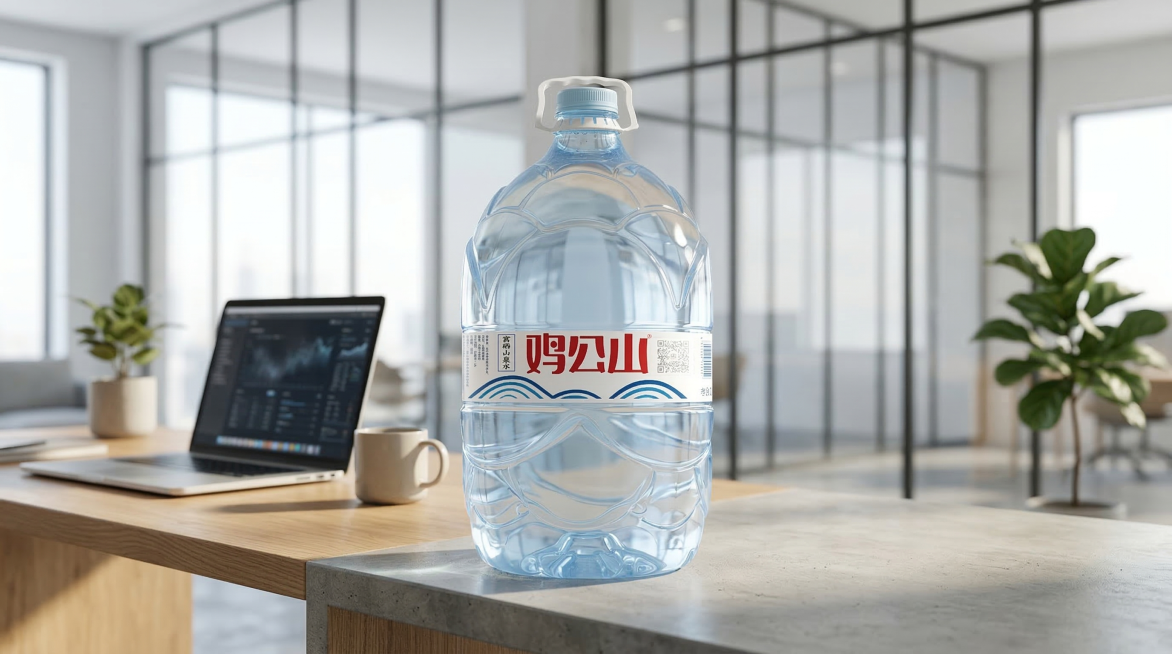将桶装水放置在现代商务办公室环境中，生成自然协调的效果图，保持鸡公山品牌Logo和包装文字原样，保持桶装水主体物理结构不变，桶装水大小位置合适，构图自然，现代简约商务办公场景，光线柔和真实，整体协调自预览效果