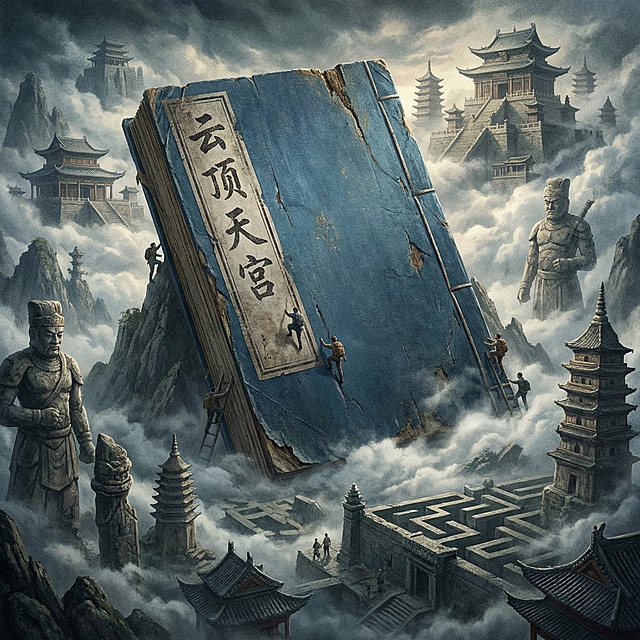 画面主体是一本巨大的蓝色封面的中国古代书籍，它是斜躺着的，在它的四周有古代天宫，中国古墓建筑等体现它的巨大，书籍的四周云雾缭绕，体现书籍的巨大，书皮比较陈旧，盗墓游戏宣传的风格，书籍的封面写着“云顶天宫”这个书名。