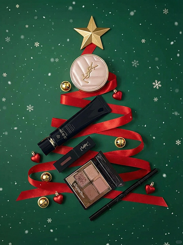 提示词
红色丝带有规律的缠绕成圣诞树造型，树上点缀参考图的美妆产品，搭配爱心、金色铃铛等圣诞元素，但画面不要太杂乱，绿色背景，背景中带有雪花元素


圣诞主题拼贴风设计，以红金双色打造喜庆奢华感，美妆产品巧妙构成圣诞树，融合金属风与鎏金细节，传递优雅复古的节日氛围。