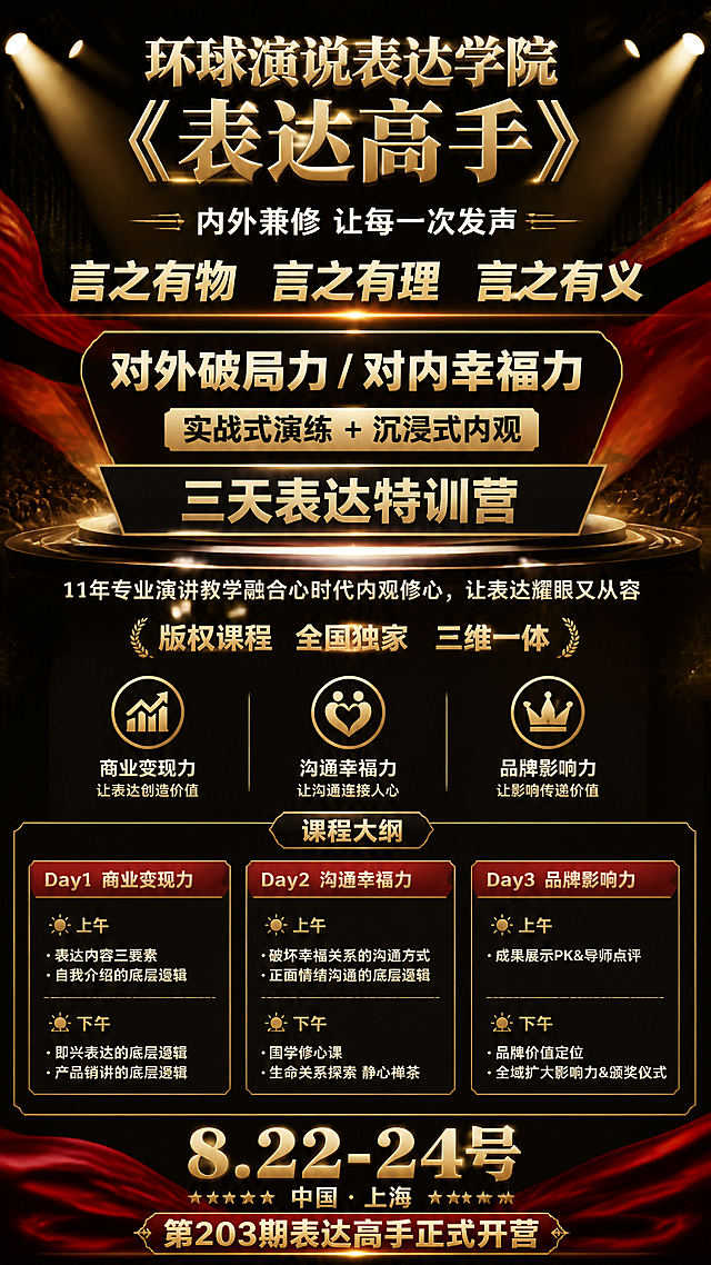一张高端大气的演讲口才培训课程招生海报，9:16竖版，黑金红配色，高级商务质感。顶部大标题「环球演说表达学院《表达高手》」，副标题「内外兼修 让每一次发声」，下方三行金色大字「言之有物 言之有理 言之有义」。中间部分突出「对外破局力 / 对内幸福力」，「实战式演练 + 沉浸式内观」，「三天表达特训营」，配演讲舞台聚光灯效果。下方介绍「11年专业演讲教学融合心时代内观修心，让表达耀眼又从容」，以及「版权课程 全国独家 三维一体」，三个核心能力：商业变现力、沟通幸福力、品牌影响力，各配金色图标。再下方是课程大纲板块，分三天：Day1 商业变现力（上午：表达内容三要素、自我介绍的底层逻辑；下午：即兴表达的底层逻辑、产品销讲的底层逻辑）；Day2 沟通幸福力（上午：破坏幸福关系的沟通方式、正面情绪沟通的底层逻辑；下午：国学修心课、生命关系探索 静心禅茶）；Day3 品牌影响力（上午：成果展示PK&导师点评；下午：品牌价值定位、全域扩大影响力&颁奖仪式）。底部醒目位置标注「8.22-24号 中国·上海 第203期表达高手正式开营」。整体设计精致，金色描边，深色渐变背景，光效点缀，专业培训海报风格，2K高清