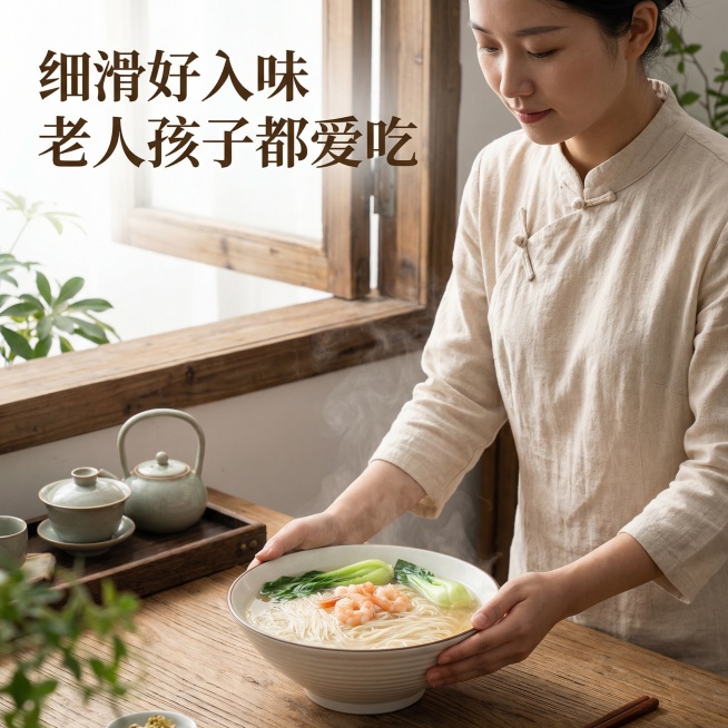 [主图 4 场景与体验] 龙须面成品食用场景主图，传统国风风格，一碗煮好的清汤龙须面摆放在中式餐桌上，面条细匀漂浮在清澈汤汁中，上面点缀几颗小青菜和一勺虾仁，汤色清亮，诱人食欲。一位亚洲中年女性穿着棉预览效果