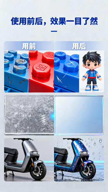 整体色调以科技蓝和纯净白为主色调，背景为浅灰色网格，主标题"使用前后，效果一目了然"，四组左右对比图布局，每组分别标注"用前"和"用后"，四组对比分别是：乐高零件用前磨损划痕、用后划痕消失颜色鲜亮；手预览效果