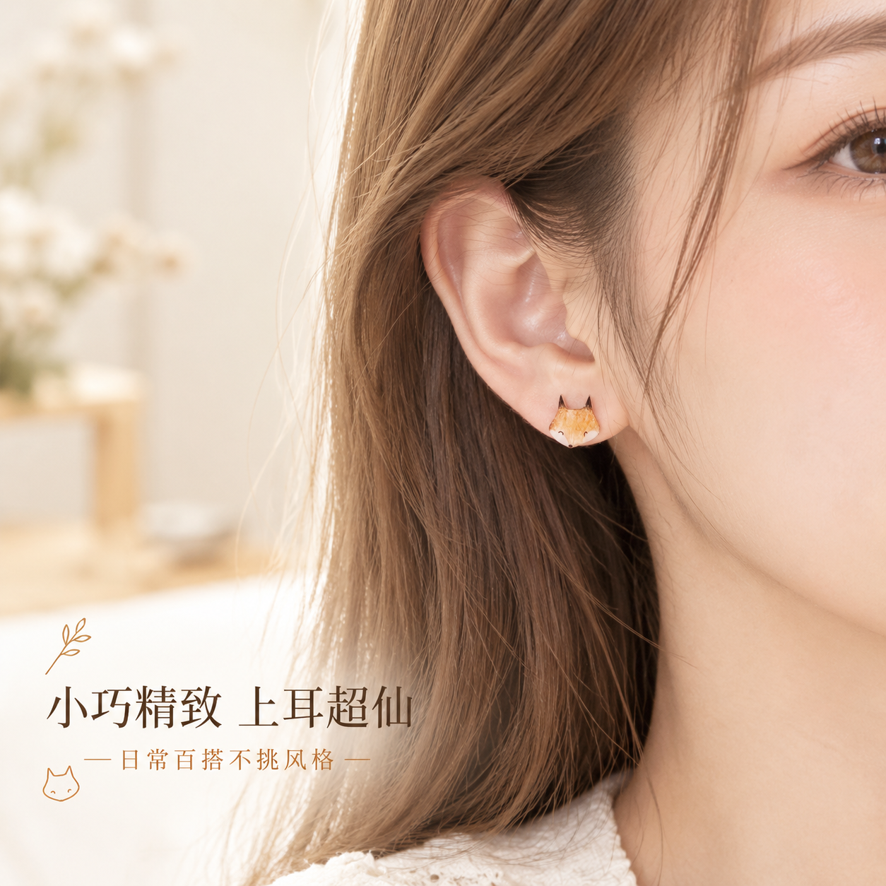 [主图-3] 佩戴效果展示，主题是小狐狸耳钉上耳效果，展示佩戴… - 图片创意预览