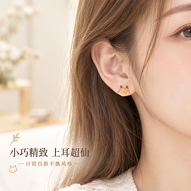 [主图-3] 佩戴效果展示，主题是小狐狸耳钉上耳效果，展示佩戴后的精致小巧感和日常百搭风格。
[统一基调] 整体风格为清新文艺森系风，背景主色为奶油米白色，搭配浅木色与暖橘色点缀；标题字色为深棕褐色，辅助字色为暖橘棕色，强调色为橘棕色；字体为文艺纤细宋体，字号层级分明；卡片与边框采用极细浅棕线条，整体干净通透有呼吸感。
[画面] 画面展示女性右耳局部特写，模特为亚洲年轻女性，肤色白皙，耳朵轮廓清晰，小狐狸耳钉佩戴在耳垂上，正面视角略微侧转，耳钉大小与耳朵比例真实自然，显得小巧精致；模特头发为浅棕色直发，少量发丝自然垂在耳旁，背景为虚化的浅米色室内环境，有柔和的自然光；画面左侧留白，右侧为耳朵主体，耳钉是视觉焦点，狐狸造型清晰可辨。
[光影质感] 柔和自然光从前方照射，耳朵皮肤质感自然真实，耳钉有自然的高光和通透感，佩戴位置准确，耳针完全插入耳垂，无悬浮感，整体氛围清新自然。
[配色] 肤色自然，浅棕色头发，米白色背景，橘黄色耳钉点缀，整体暖色调柔和治愈。
[文字版式] 画面左下角，主标题"小巧精致 上耳超仙"深棕褐色文艺宋体，字号适中；副标题"日常百搭不挑风格"暖橘棕色，字号为主标题的50%；文字放在左下角负空间，不遮挡耳朵和耳钉。
[输出要求] 1:1正方形比例，佩戴效果真实自然，耳钉造型与输入图一致，皮肤质感真实，无畸形无穿模，文字清晰，无水印无平台Logo。