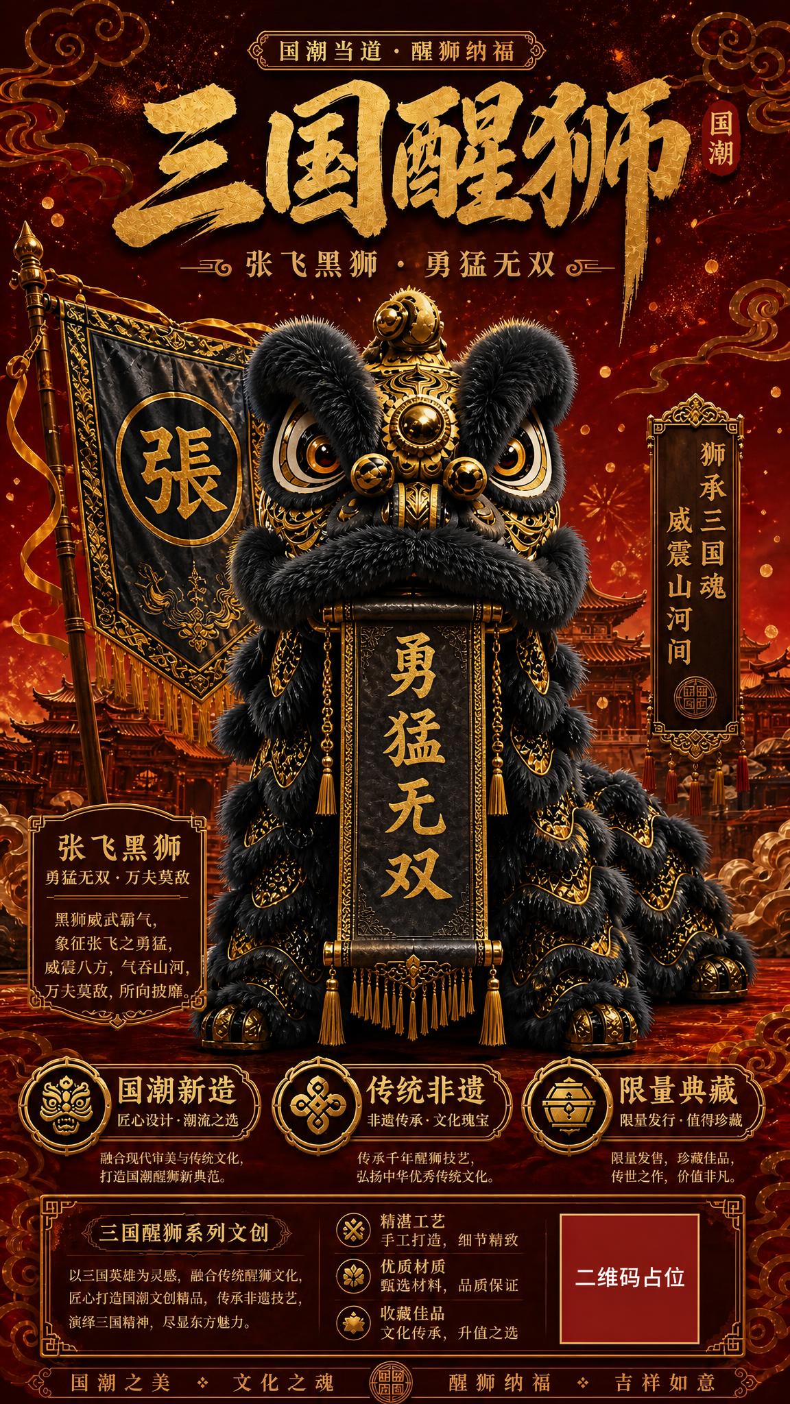国潮醒狮海报，张飞黑狮款。画面主体是一只张飞黑狮，黑色狮身#1… - 图片创意预览