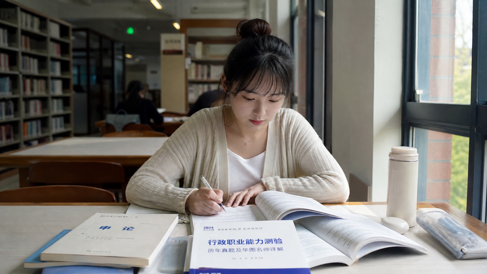 一位25-30岁的女性学生，坐在图书馆靠窗的位置学习公务员考试… - 图片创意预览