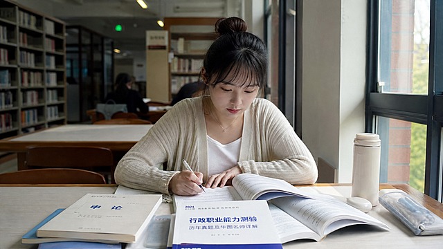 一位25-30岁的女性学生，坐在图书馆靠窗的位置学习公务员考试相关书籍，桌上摊开着教材和真题集，阳光透过窗户洒进来，周围是书架和安静学习的环境，氛围安静专注，写实风格，自然光柔和
