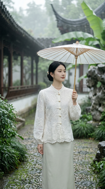 新中式贵气氛围感大片，全身人像，24岁左右气质温婉的东方女生，鹅蛋脸，清透贵气的淡妆，黑长直柔顺低盘发，点缀一支珍珠发簪，眉眼温柔，自带书香贵气感；配饰为小巧的珍珠耳钉、细款珍珠锁骨链，手持一把透明古预览效果