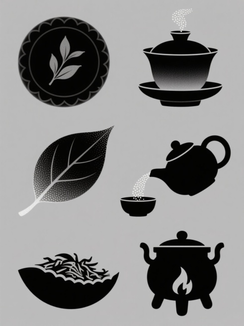 纯色背景上，以极简黑白剪影风格呈现六个完全不同的茶元素系列素材集合，规整排布。每个元素均采用流畅的曲线轮廓与细腻的颗粒状渐变纹理相结合的表现手法，保持统一的视觉语言：1. 一个带有飘逸茶叶图案的圆形茶饼，边缘有精致的压纹；2. 一套嵌套的盖碗茶具，盖子微微掀起，一缕颗粒状蒸汽向上飘散；3. 一片舒展的茶叶，叶脉纹理以颗粒渐变勾勒；4. 一个正在倾倒茶汤的茶壶，壶嘴有弧线形水流；5. 一个盛满茶……预览效果