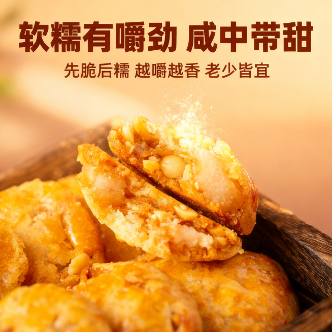 [主图 3] 鸡仔饼口感卖点特写主图
[氛围风格] 微距食欲感，突出酥脆软糯层次口感
[画面元素] 商业摄影质感、光线柔和通透、产品清晰真实、画面干净高级。聚焦鸡仔饼剖面，展示外皮酥脆掉渣，内馅软糯油预览效果