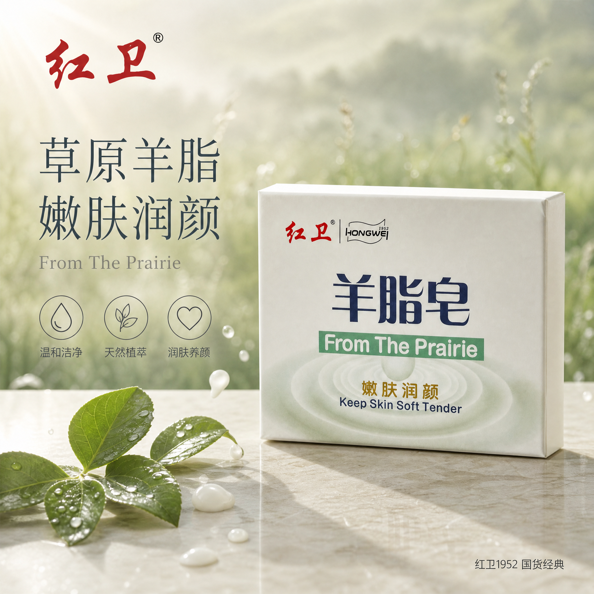 基于图中的红卫羊脂皂产品包装盒，生成一张淘宝天猫高级氛围感电商… - 图片创意预览