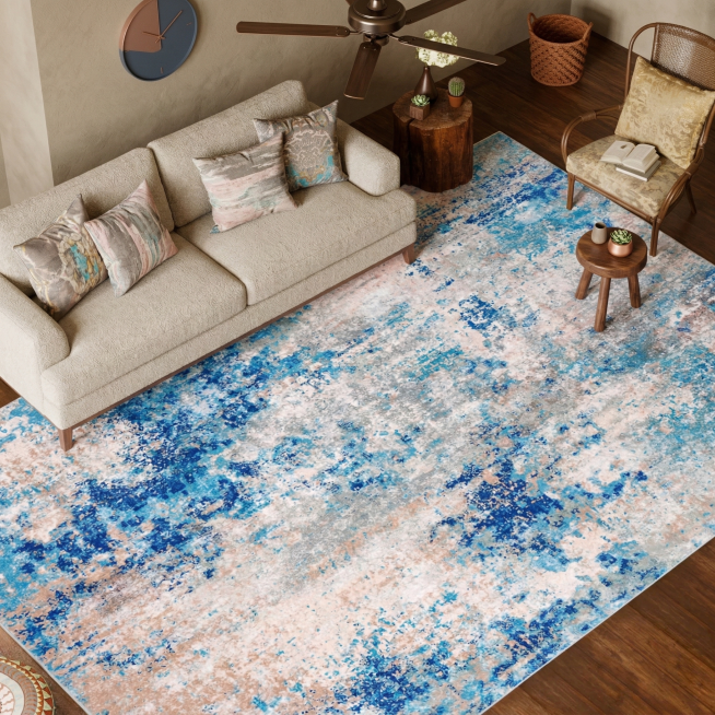 保持地毯不变，调整画面中沙发、家具、墙面等元素的色调，让整体画面和谐统一、色调一致预览效果