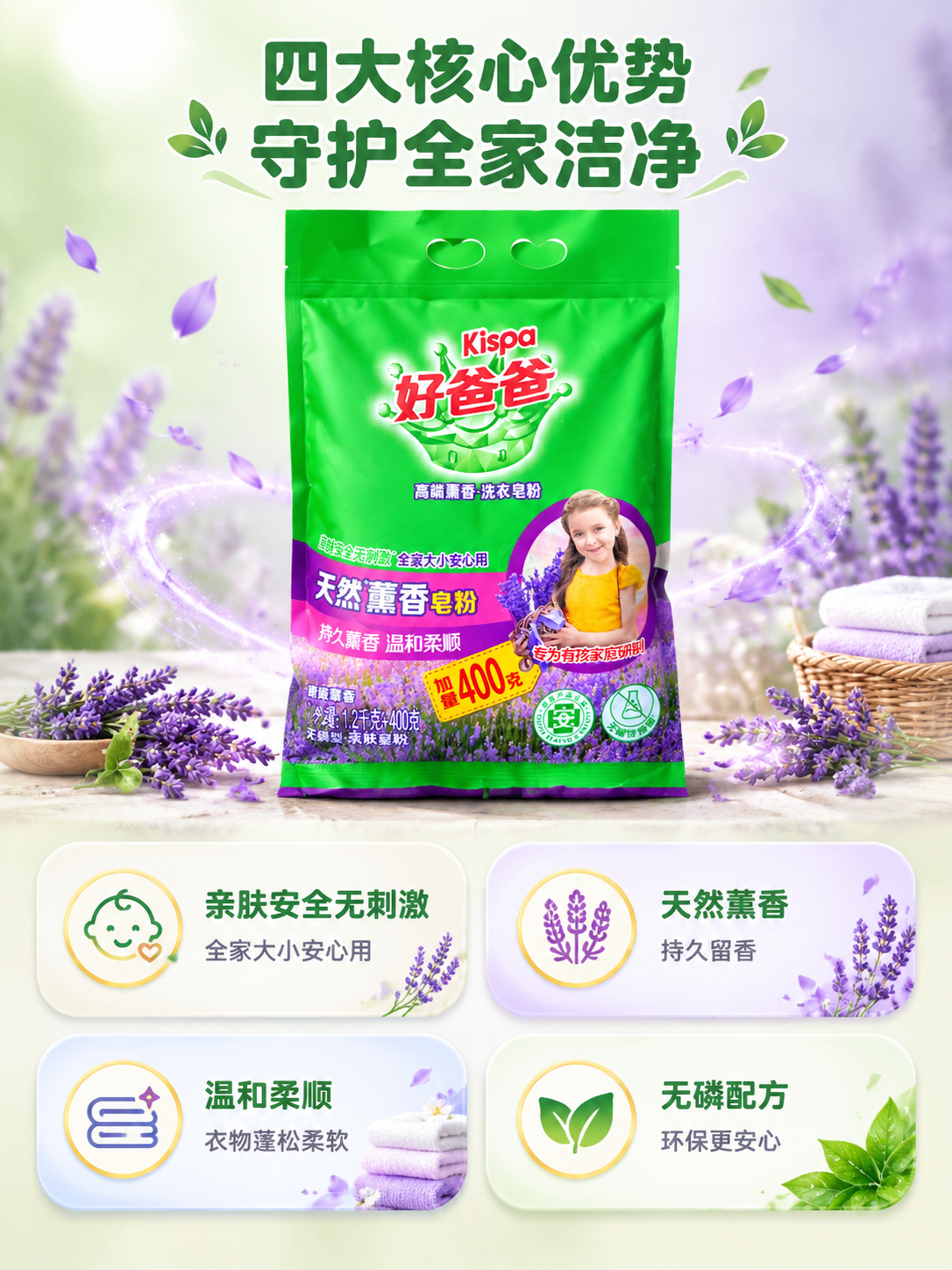 [商品] 使用【图1】好爸爸薰衣草天然薰香皂粉绿色包装袋；保留… - 图片创意预览