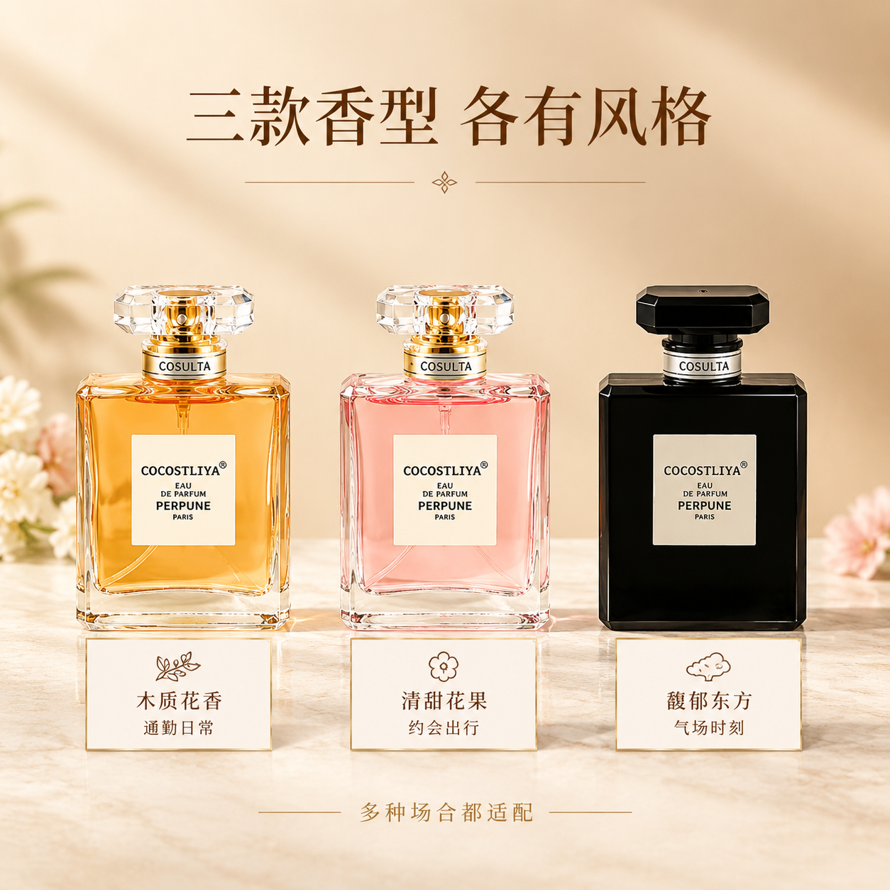 [主图-2] 多款香型展示，呈现可可小姐香水三种不同香型的瓶身… - 图片创意预览
