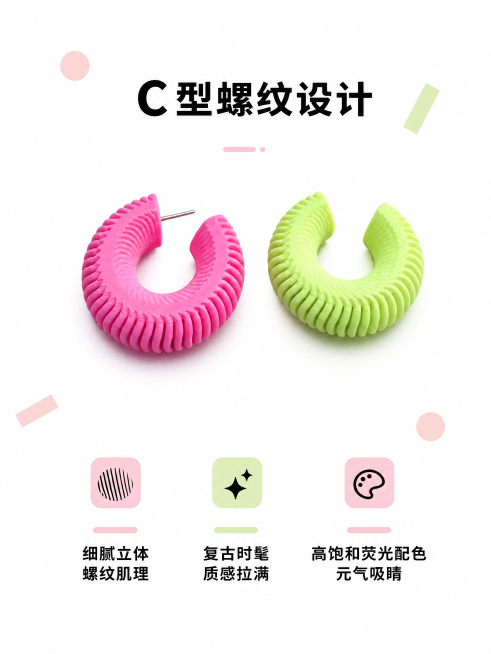 [第2屏] 圆环耳钉核心卖点展示屏，展示C型螺纹设计荧光色圆环耳钉。
[氛围/风格] 清爽活力少女风，简约设计感，商业质感，元气明快。
[元素布局] 使用图1作为商品主体，保持一对C型圆环耳钉的结构、预览效果