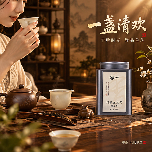 [主图-4 1:1] 品茗场景 生活方式 沉浸式品茶体验
[统一基调] 沉浸式氛围感国风茶韵 暖棕深木色调 主标题用粗笔刷书法字米白金色 辅助文案用细宋体浅米色 强调字用朱砂红印章式 整体暖光侧逆光 高级电影感
[画面] 产品铁罐放在茶席右侧 占比约30% 左侧是一只优雅的女性手部 正端着白瓷品茗杯轻嗅茶香 指尖纤细 姿态优雅 茶席上布置完整 有紫砂壶 公道杯 茶则 茶针 茶宠 插花小瓶 背景是虚化的中式博古架和山水画 暖黄灯光从侧上方洒下 整体氛围静谧雅致 沉浸式品茶生活方式
[光影质感] 生活美学摄影质感 暖调柔和侧光 手部皮肤质感真实 茶具温润有光泽 铁罐金属质感细腻 整体光影层次丰富 电影感氛围
[配色] 深木色茶席+暖黄灯光+米白瓷具 标题米白金色 辅助字浅米色
[文字版式] 右上区域主标题书法大字"一盏清欢" 下方两行细宋体"午后时光 静品单丛" 右下角小字"中茶 凤凰单丛" 文字在右上负空间 不挡手部和产品
[输出要求] 800×800 1:1比例 文字清晰 手部自然无畸形 产品清晰 氛围感强 无错字
