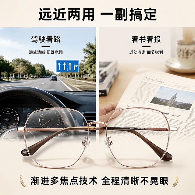 [主图-2] 渐进多焦点核心功能卖点展示图，氛围风格专业功能演示，清晰可信，画质商业摄影质感，产品清晰，对比明确，画面干净高级，元素左右分屏对比展示，左为远景驾驶场景，右为近景读书场景，老花镜放置中间贯穿两屏，保持产品外观与输入产品图绝对一致，杜绝任何变形和色差。远景呈现清晰马路标识，近景呈现清晰报纸文字，直观展示远近都清晰的效果。背景为浅米白渐变干净背景，整体构图清晰明了，光影左右场景光线均匀柔和，产品主体光影突出，对比区域光线一致，无明显明暗差，配色浅米白背景，产品玫瑰金色，场景自然真实色彩，视角构图左右分屏横版构图，产品居中，左右场景对称，景深适中，文字版式顶部大标题"远近两用 一副搞定"，黑色粗体居中。左右场景分别标注"驾驶看路" "看书看报"，小字标注在对应区域下方。产品下方总结"渐进多焦点技术 全程清晰不晃眼"，突出核心卖点，比例分辨率1:1 比例，文字清晰锐利，画面超高清，负向提示词变形，文字错乱，产品图模糊，背景杂乱，水印，电商平台Logo